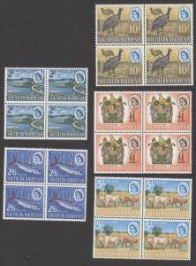 Southern Rhodesia - 1964 (SG.101-105) Pictorials 2/- Lake Kyle, 2/6 Tiger Fish, 5/- Cattle, 10/- Guinea Fowl & &pound;1 Coat of Arms, complete in superb MUH blocks of 4. (20). Cat.&pound;120.