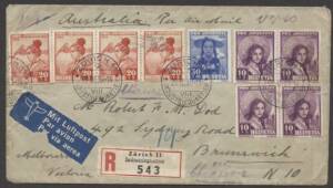 Switzerland - 1939 (Mar) registered airmail cover to Victoria with Pro Juventute 10c+5c x4, 20c+5c x4 & 30c+10c and on the flap Airs 20c & 1fr all tied by 'ZURICH/INDUSTRIEQUARTIER' cds. Very pretty!