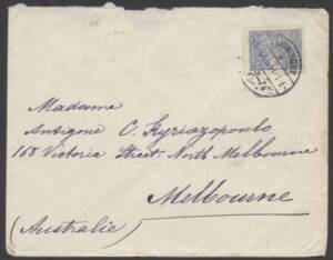 Turkey - 1914 cover sent to Australia with single franking Tughra 1pi tied &euro;&tilde;ANDRINOPLE/7.1.14&euro;&trade; bi-lingual cds and &euro;&tilde;NORTH MELBOURNE/16FE14/VIC&euro;&trade; arrival b/s, couple of minor blemishes. [Andrinople (also known as Adrianople after the Roman Emperor "Hadri