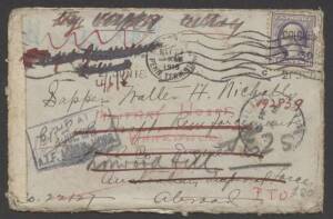 United States Of America - 1918 cover to Australian Forces Abroad with 3c tied by New York cancel, redirected several times including with boxed 'NOT AT/8JUL1918/AIF ADMIN HQRS' h/s & 'COLOMBO' b/s, a bit travel-weary. Most unusual origin/destination item