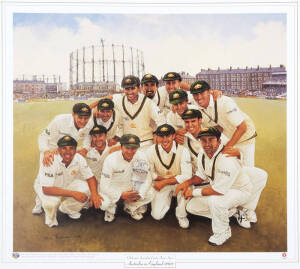 2001 AUSTRALIAN TEAM: Prints (10) "Celebrated Australian Cricket Teams Series - Australia in England 2001" by Dave Thomas, size 51x46cm.