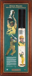 STEVE WAUGH, "Steve Waugh - 300 One-Day Internationals" attractive display comprising full size Cricket Bat with two hand-painted portraits of Steve Waugh by Dave Thomas, signed by Steve Waugh on front, window mounted, framed & glazed, overall 48x113cm.