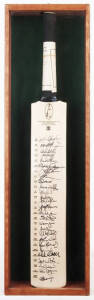 2002 AUSTRALIA XI v THE WORLD XI, full size Cricket Bat, with title "International Cricket Classic 2002, Tenth Anniversary, Australia vs The World" and players names on face, and 27 signatures including Kim Hughes, Jeff Thomson, Doug Walters, Joel Garner 