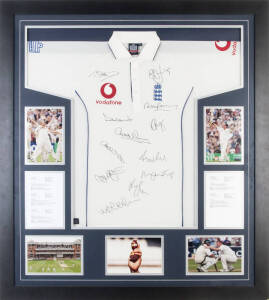 2005 ASHES: England Test shirt, with embroidered England logo & sponsors logos, signed on front by England team, 12 signatures including Michael Vaughan, Kevin Pietersen & Andrew Flintoff, window mounted with results of the five Test matches & 5 photograp