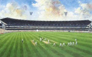 DAVE THOMAS: "Full House at the Melbourne Cricket Ground", original painting, oil on canvas, signed "Dave Thomas '06" lower right, overall 90x55cm.