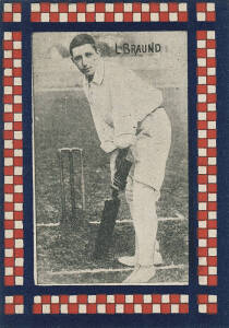 1902 McCracken's City Brewery "Cricketers" card "L.Braund". G/VG. Rare. {In 1907 McCracken's City Brewery joined with six others to form Carlton United Breweries Ltd}.