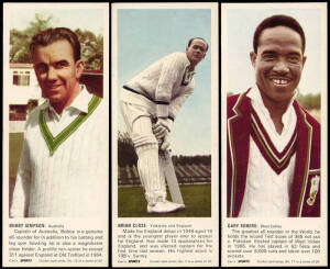 1967 Carr's Biscuits "Cricket Card Series", complete set [20] + 3 spares, large size (77x190mm), noted Brian Close, Gary Sobers & Bobby Simpson. G/VG.