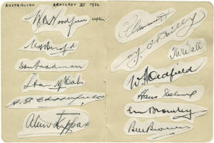 1934 AUSTRALIAN TEAM, double autograph page with 13 signatures laid-down (plus another 3 on reverse), including Bill Woodfull, Don Bradman, Bill Ponsford, Clarrie Grimmett & Alan Kippax. Together with tour guide "Australia's 18th Cricket Tour of England 1