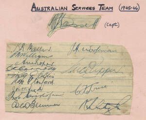 1945 Australian Services Team, autograph page with 14 signatures laid down including Lindsay Hassett, Keith Miller & Cec Pepper. Scarce. Also 1945 scorecard for England v Australian Services at Lords.