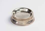 A sterling silver set of five drink coasters and coaster/holder, all engraved with initials "JH"; 10cm diameter, 335 grams. (6 items). Heifetz had had a prized and custom-designed cork coffee table which a prominent guest had scarred with an uncoastered g - 2
