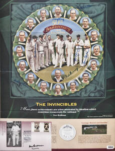 1948 AUSTRALIAN "INVINCIBLES": Poster for The Invincibles 50th Anniversary plate with 8 signatures including Bill Brown, Arthur Morris, Neil Harvey & Sam Loxton; together with "Australian Legends - Sir Donald Bradman" FDC signed by Don Bradman.