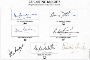 TEAM SHEETS: Collection of team sheets & autograph pages, noted "Cricketing Knights" (7 signatures including Don Bradman & Gary Sobers); "Batsmen Scoring 300 Runs In & For England 1940-1990"; 1953 Australia; c1964 Australia. Some team sheets with facsimil