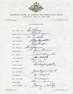 AUSTRALIA: Official team sheets for 1966-67 (17 signatures); 1968 (16 signatures); 1980 Team to Pakistan (17 signatures); 1981 Team to UK and Sri Lanka (18 signatures); 1983 Team to Sri Lanka (16 signatures). G/VG condition.