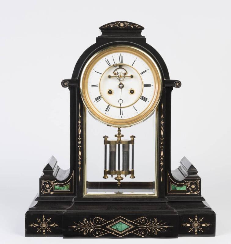 CLOCK: Victorian black slate and malachite mantel clock with a mercury pendulum. 