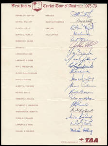 1975-76 West Indies Team to Australia, official team sheet with 19 signatures including Clive Lloyd (captain), Lance Gibbs, Michael Holding & Vivian Richards. Trimmed at top, though signatures fine.