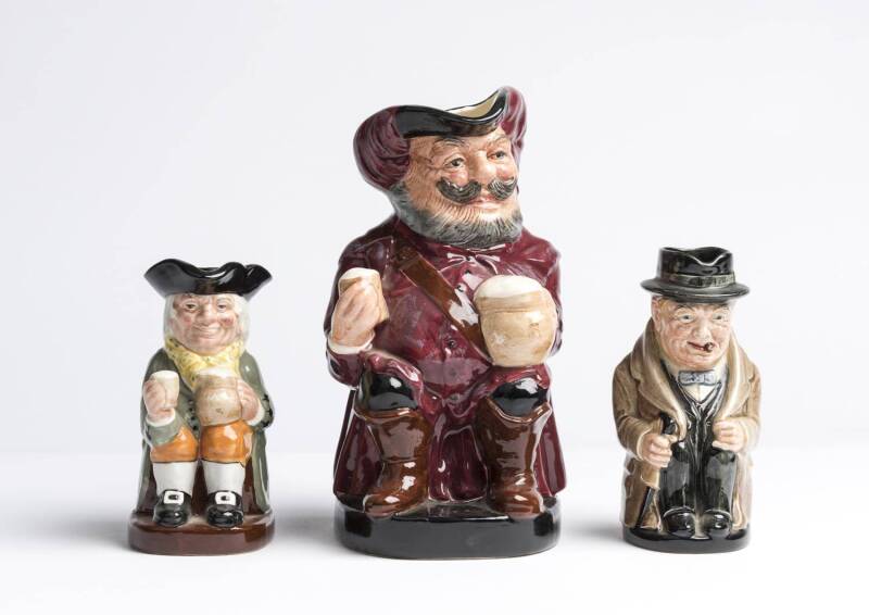 ROYAL DOULTON TOBY JUGS, noted "Falstaff", 21cm; "Winston Churchill Prime Minister of Great Britain 1940", 14cm; "Happy John", 13cm. VG condtion. (3 items).