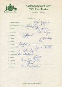 1979 Australian Team to India, official team sheet with 16 signatures including Kim Hughes (captain), Andrew Hilditch, Allan Border, Dav Whatmore & Rod Hogg. Scarce.