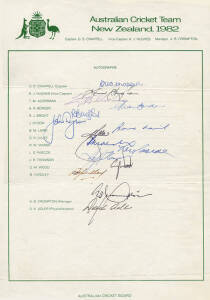 1982 Australian Team to New Zealand, official team sheet with 15 signatures including Greg Chappell (captain), Kim Hughes, Terry Alderman & Dennis Lillee.