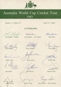 1983 Australian Team to World Cup, official team sheet with 15 signatures including Kim Hughes, David Hookes & Dennis Lillee. Fine condition (unfolded).