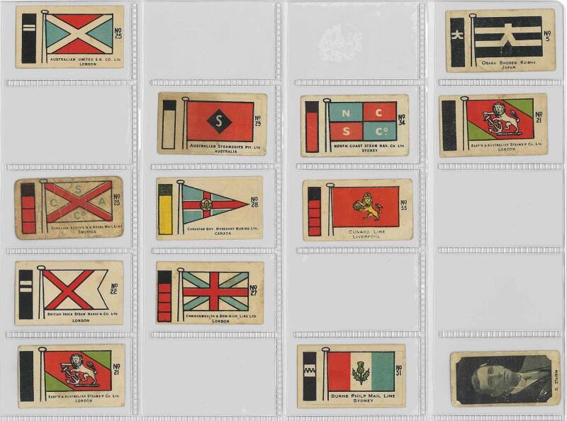 c1920s-40 Morrows group, noted "Australian Birds" Series 1 [26/36] & Series 2 [6/36]; "Flags & Funnels" [18/36 + 2 spares]; "Dinkum Sports - Cricketers" [1/42]. Poor/VG. (Total 53).