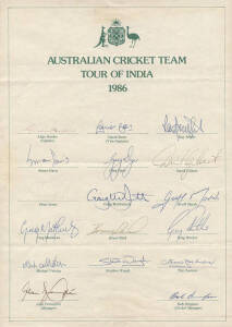 1986 Australian Team to India, official team sheet with 17 signatures including Allan Border (captain), David Boon & Steve Waugh. Good condition (a couple of signatures fading). Scarce - the 2nd Tied Test in history, Bob Simpson was coach - the only man i