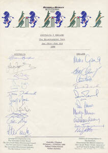 1988 Australia v England, Bicentennial Test at SCG, team sheet signed by both teams, with 20 signatures including Allan Border, David Boon (184no), Geoff Marsh, Mike Gatting, Chris Broad (139) & Eddie Hemmings. Fine condition. Rare.