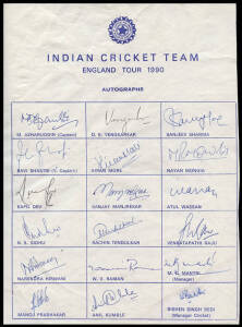 1990 Indian Team to England, official team sheet with 18 signatures including M.Azharuddin, Ravi Shastri & Sachin Tendulkar. {Sachin Tendulkar's first tour of England & first Test century}.