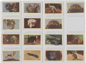 c1950-55 Fyna Foods group, noted "Australian Animals" [14/14 + 5 spares]; "Australian Birds" [13/14 + 5 spares]; "Famous Australians" [2/16]; "Film Stars" [19/36 + 7 spares]; "Hopalong Cassidy" [13/36]; "Silent Conflict" [1/22]. Poor/VG. (Total 79).