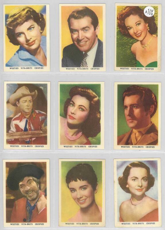 1955 Cereal Foods (Weeties, Vita-Brits, Crispies) "Popular Film Stars, complete set [30], noted Marilyn Monroe, John Wayne & Marlon Brando. Mainly G/VG.