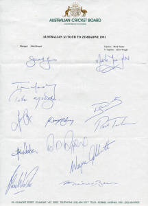 1991 Australian Team to Zimbabwe, team sheet with 14 signatures including Mark Taylor, Paul Reiffel & Shane Warne. Fine condition. {Shane Warne discovered on this tour - very early signature}.