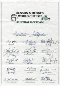 1992 Australian Team to World Cup, official team sheet with 17 signatures including Allan Border (captain), Geoff Marsh, Craig McDermott, Steve Waugh & Dean Jones. Fine condition. Scarce.