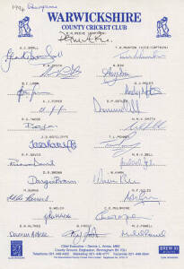 1994 Warwickshire Team, official team sheet with 24 signatures including Dermot Reeve, Gladstone Small & Brian Lara. {Brian Lara scored 501* v Durham, the highest individual first class score in history}.