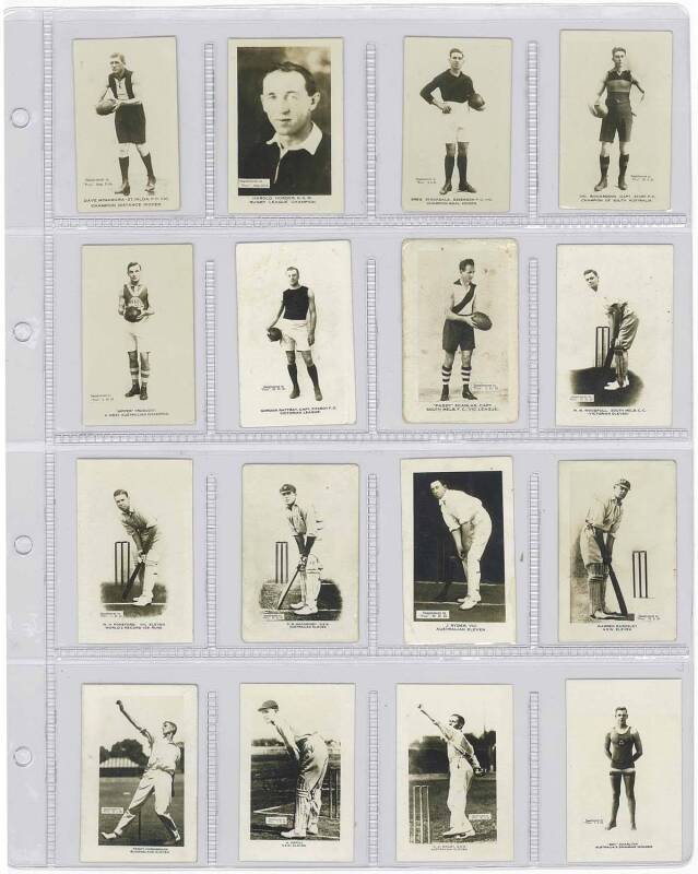 1923-24 Pals real photo "Australian Sportsmen", the rare complete set [27] in fine condition, noted Aust. Rules football (15), cricket (8), rugby league (2), olympics & tennis. Fair/VG.