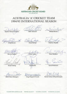 1994-95 Australia 'A' Team, official team sheet with 15 signatures including Damien Martyn, Matthew Hayden & Ricky Ponting. {First ever Australia A team, coached by Greg Chappell}.