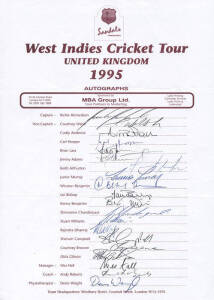 1995 West Indies Team, official team sheet with 20 signatures including Richie Richardson, Brian Lara & Courtney Walsh. Fine.