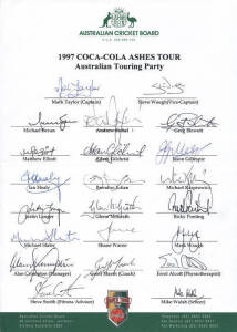 1997 Australian Team for Ashes tour, official team sheet with 22 signatures including Mark Taylor (captain), Steve Waugh, Adam Gilchrist & Shane Warne. Fine condition.