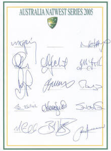 2005 Australian Team in England, Natwest Series team sheet with 14 signatures including Ricky Ponting (captain), Adam Gilchrist, Mike Hussey, Glenn McGrath & Brett Lee. Fine condition. RARE - we haven't seen this before. {The final between England and Aus