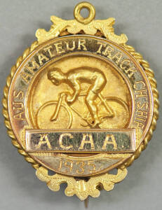 CYCLING TROPHIES: 9ct gold cycling brooch & (2) x 9ct gold cycling fobs won by R.Goodwin in 1933-1935 & another (unrelated) won in 1910. 14.6 grams total. Excellent condition.