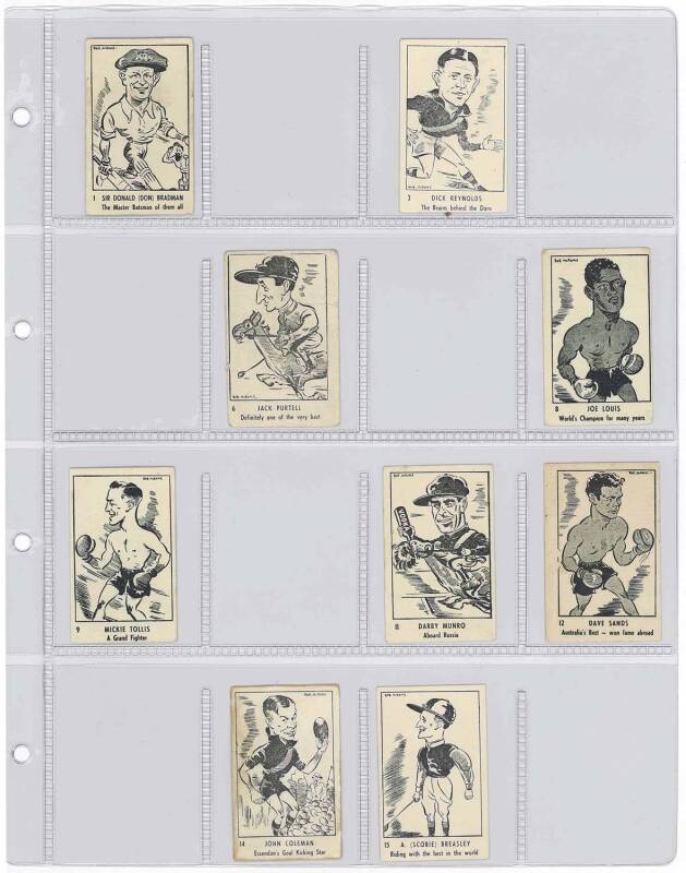 1950 Victorian Nut Supplies "Caricatures of Australian Sportsmen by Bob Mirams" [18/36], including Don Bradman, Dick Reynolds & Scobie Breasley. Fair/VG. Rarity 9.