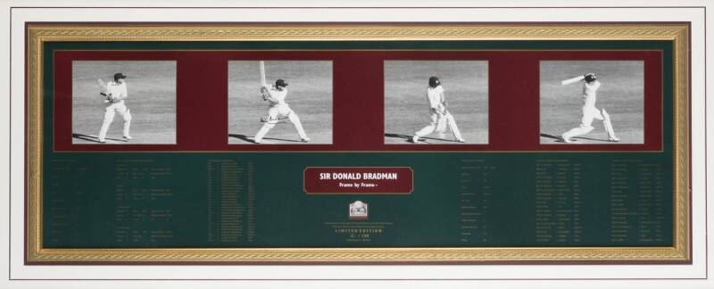 DON BRADMAN, signature on "Sir Donald Bradman - Frame by Frame" print, edition 21/150, framed & glazed, overall 65x132cm; plus two other "Don Bradman - Frame by Frame" prints (both unsigned), framed & glazed, largest 164x60cm.    