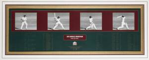 DON BRADMAN, signature on "Sir Donald Bradman - Frame by Frame" print, edition 21/150, framed & glazed, overall 65x132cm; plus two other "Don Bradman - Frame by Frame" prints (both unsigned), framed & glazed, largest 164x60cm.    