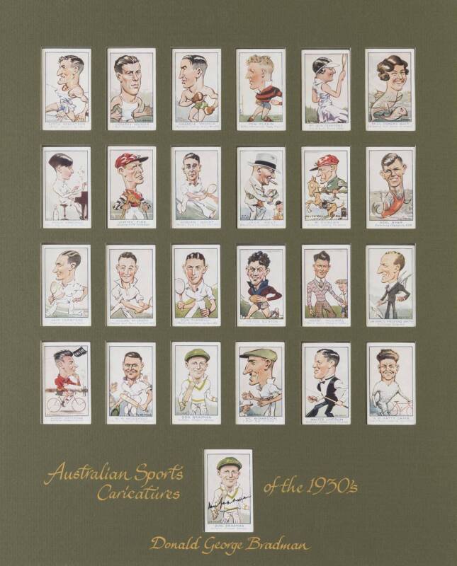 DON BRADMAN: Attractive display comprising complete set of 24 1933 Carreras (Turf Cigarettes) "Personality Series" mounted with extra Don Bradman card signed by Bradman, framed & glazed, overall 47x55cm.     