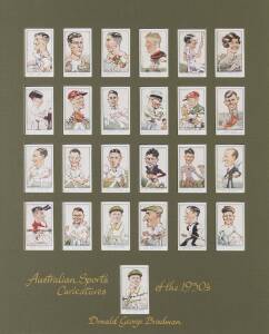DON BRADMAN: Attractive display comprising complete set of 24 1933 Carreras (Turf Cigarettes) "Personality Series" mounted with extra Don Bradman card signed by Bradman, framed & glazed, overall 47x55cm.     