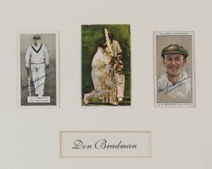 DON BRADMAN, two signed displays, one with signature on piece, mounted with b/w action photo; other comprising three cricket cards each signed by Bradman; both attractively framed & glazed, largest 31x47cm.