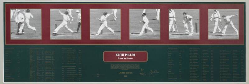 KEITH MILLER, signatures on two "Keith Miller - Frame by Frame" prints, one showing Miller batting, the other showing Miller bowling, each a limited edition AP/500, framed & glazed, overall 50x112cm. [Keith Miller played 55 Tests 1945-57].