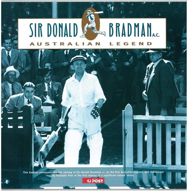 DON BRADMAN, nice signature inside "Sir Donald Bradman A.C. Australian Legend" booklet [Australia Post, 1997].