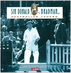 DON BRADMAN, nice signature inside "Sir Donald Bradman A.C. Australian Legend" booklet [Australia Post, 1997].