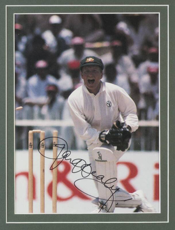 SIGNED DISPLAYS: Signed photographs (4) including Greg Chappell, Ian Healy (each with CoA), Jeff Thomson & one other, each framed & glazed, largest 48x35cm.