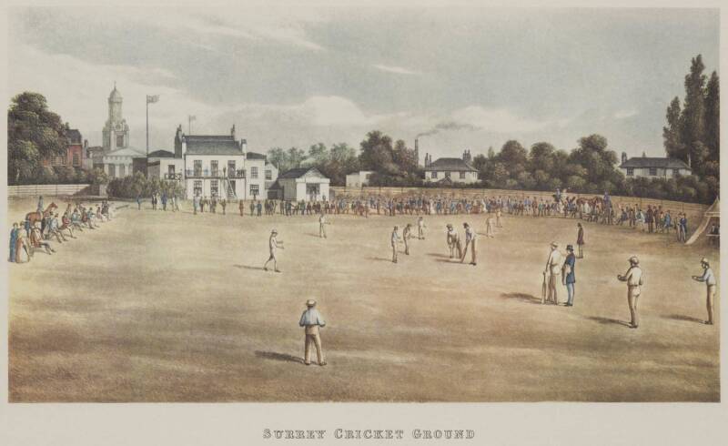 CRICKET PRINTS, collection of 14 cricket prints, noted "Surrey Cricket Ground"; Vanity Fair "Repton, Oxford & Somerset" (L.C.H.Palairet) by Spy; Albert Chevallier Tayler print of W.G Grace. All framed, various sizes (largest 53x42cm).   