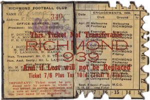 RICHMOND: Member's Season Ticket for 1939, with fixture list & hole punched for each game attended. Poor/Fair condition.